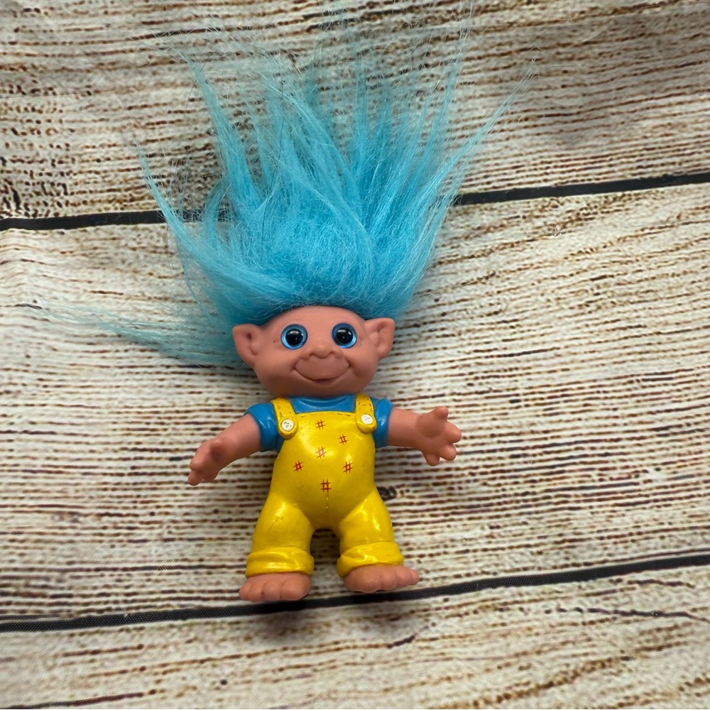 Troll Doll Teal Blue Hair Yellow Polka Dot Jumper 6" Tall Marked MT 1990s